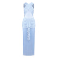 Sexy Blue Fringe Evening Dress For Women – Sleeveless Cross Halter Sheer Maxi Party Dress Elegant Cocktail Gown for Nightclub