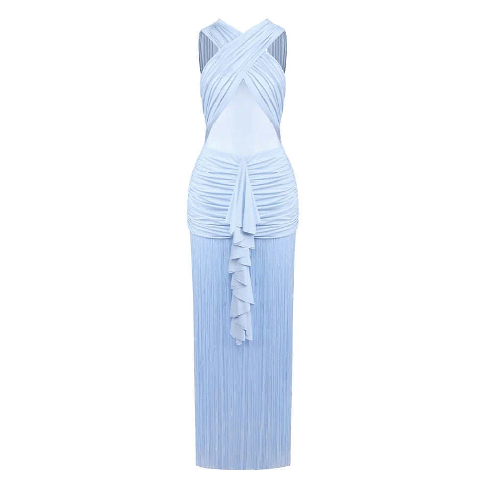 Sexy Blue Fringe Evening Dress For Women – Sleeveless Cross Halter Sheer Maxi Party Dress Elegant Cocktail Gown for Nightclub