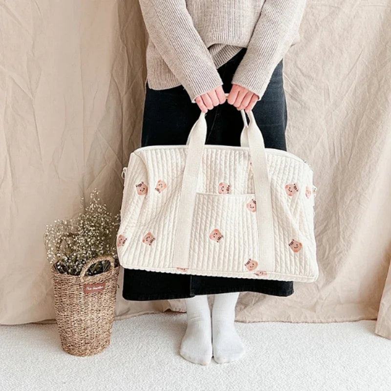 Little Bear Embroidered Handheld Shoulder Bag Cute Cartoon Large Capacity Mother Baby Parent Child Single Shoulder Bag Mommy Bag