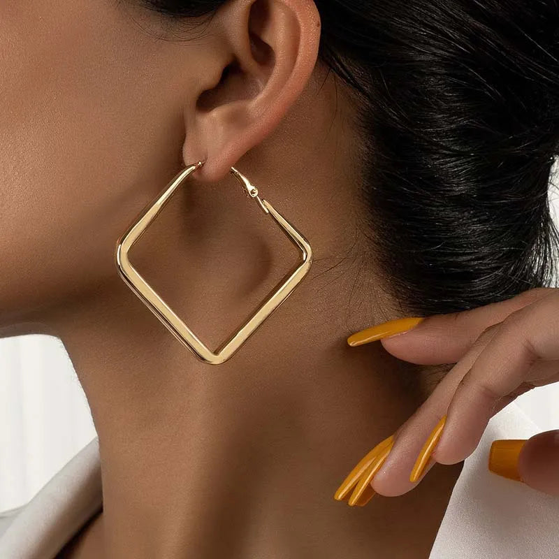 2026 Fashion Gold Color Big Square Hoop Earrings For Women Exaggerated Metal Geometric Irregular Circle Earrings Jewelry