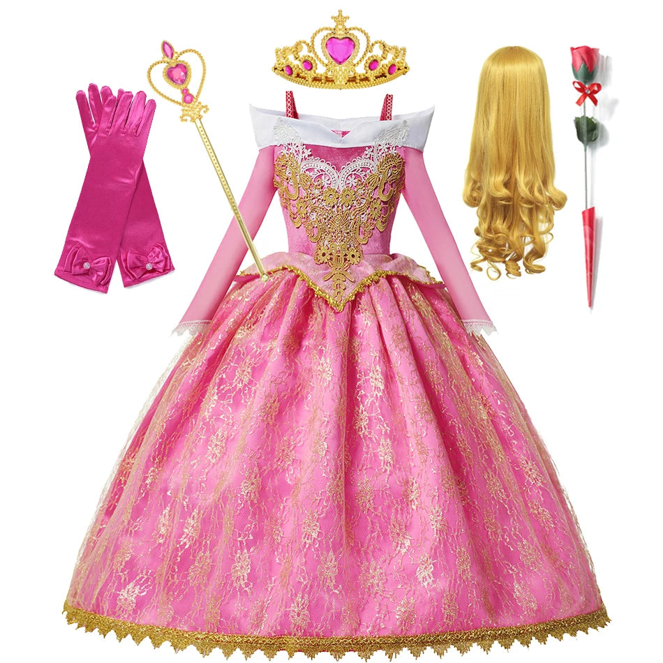 Sleeping Beauty Aurora Pink Gown Long Sleeve Princess Costume for Girls Carnival Birthday Party Cosplay Evening Dress 2-8Y