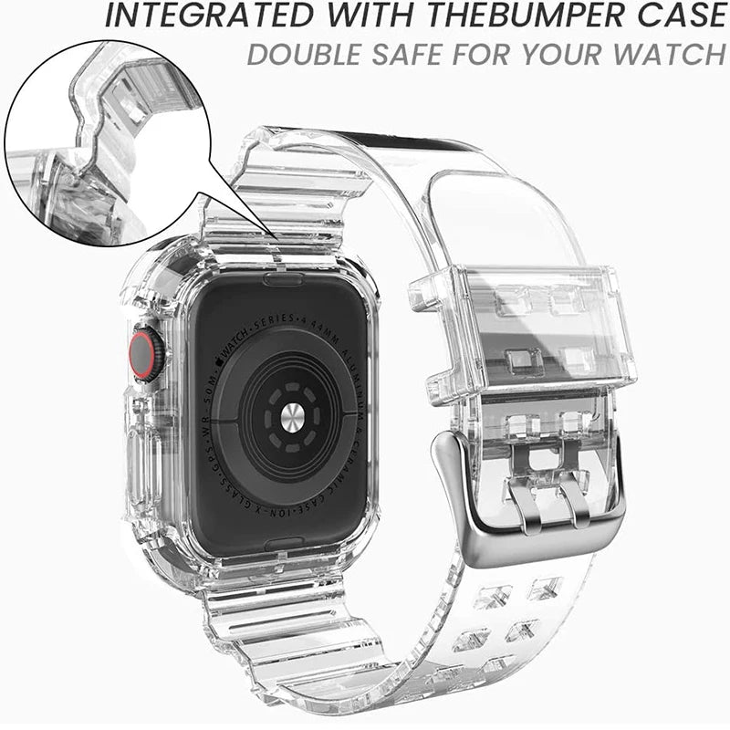 Clear Band + Case for Apple Watch Series 9 8 7 49mm 45mm 44mm 42mm 41mm Transparent Plastic Strap for iwatch 6 SE 5 4 38mm 40mm