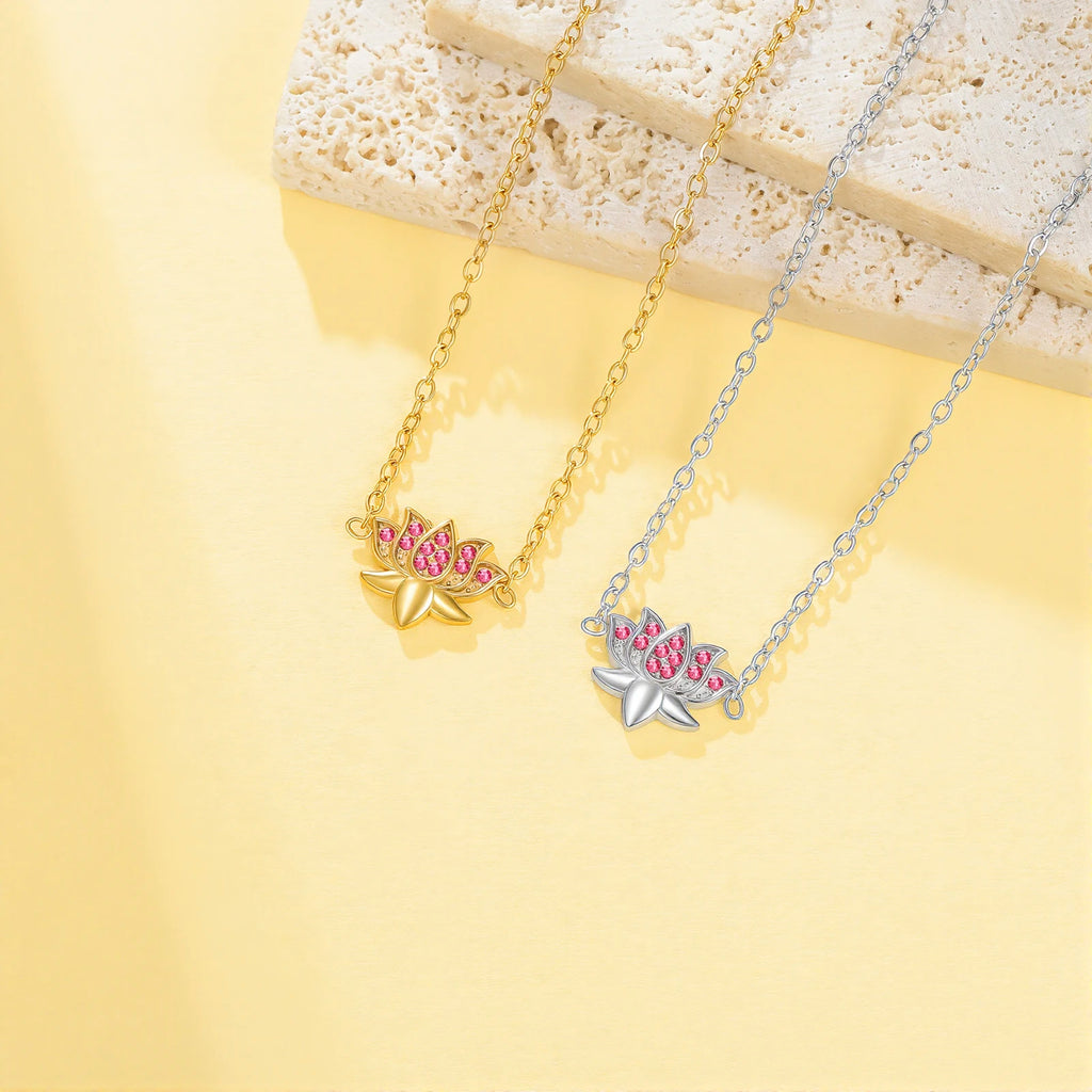 Skyrim Lotus Pendant Necklace for Women Stainless Steel Gold Color Cubic Zirconia Flower Clavicle Chain Spiritual Yoga Jewelry