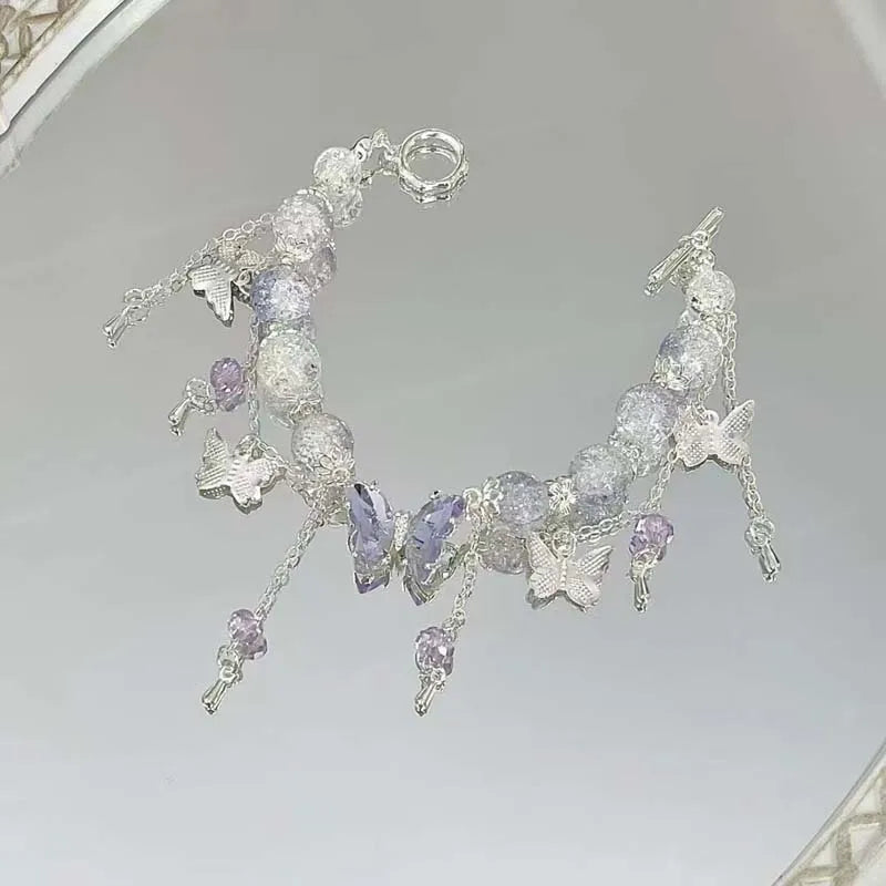 Korean Pink Crystal Flowers Butterfly Pendant Beaded Bracelet For Women Sweet Beaded Chain Bracelet Jewelry Gifts
