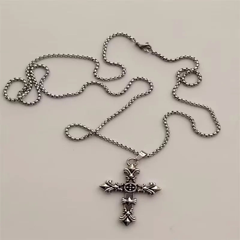 Vintage Cross Pendant Necklace Unisex Versatile Simple Long Sweater Chain Hip Hop Accessory