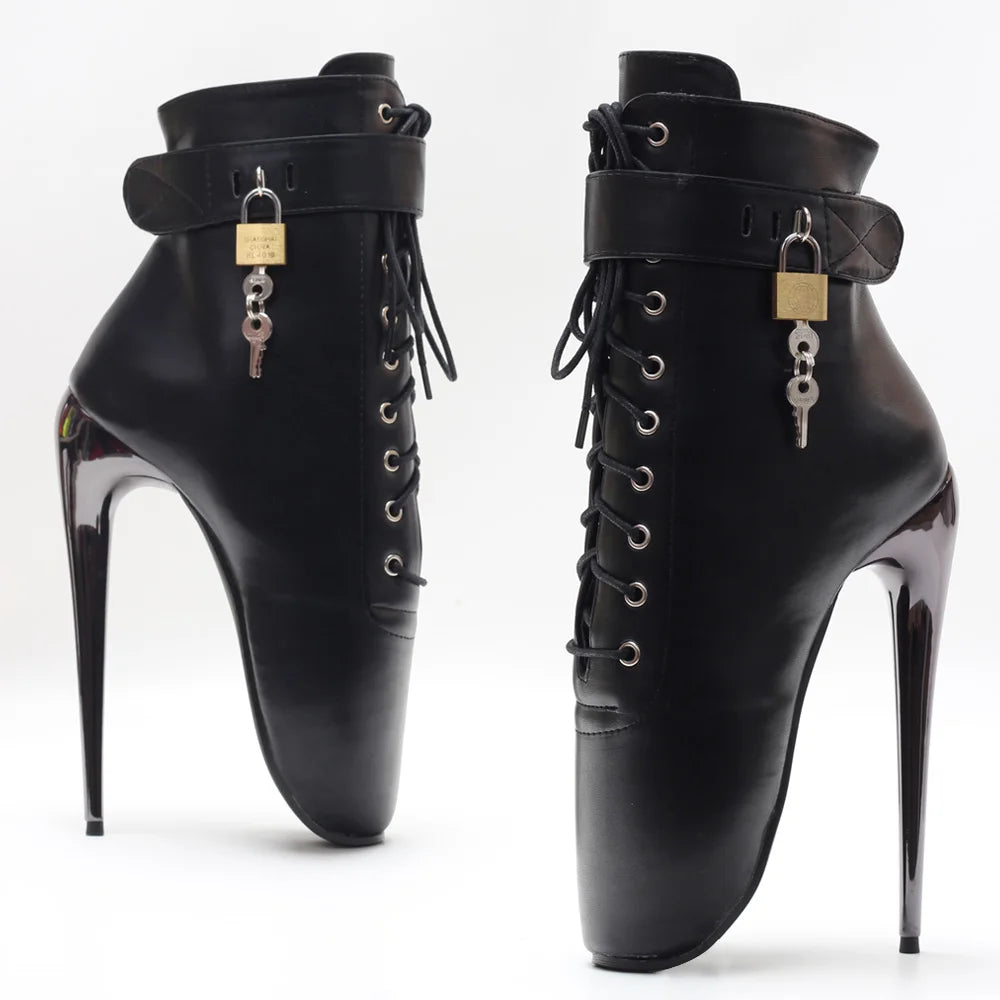 7Inch Stiletto High Heel Lock Wrap Strap Ankle Length Fetish Ballet Boots