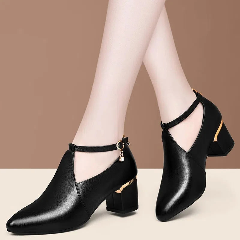 Women Fashion Black Pu Leather Office Square Heel Pumps Lady Casual Sweet Light Weight Comfort Spring Summer Heel Shoes H1173