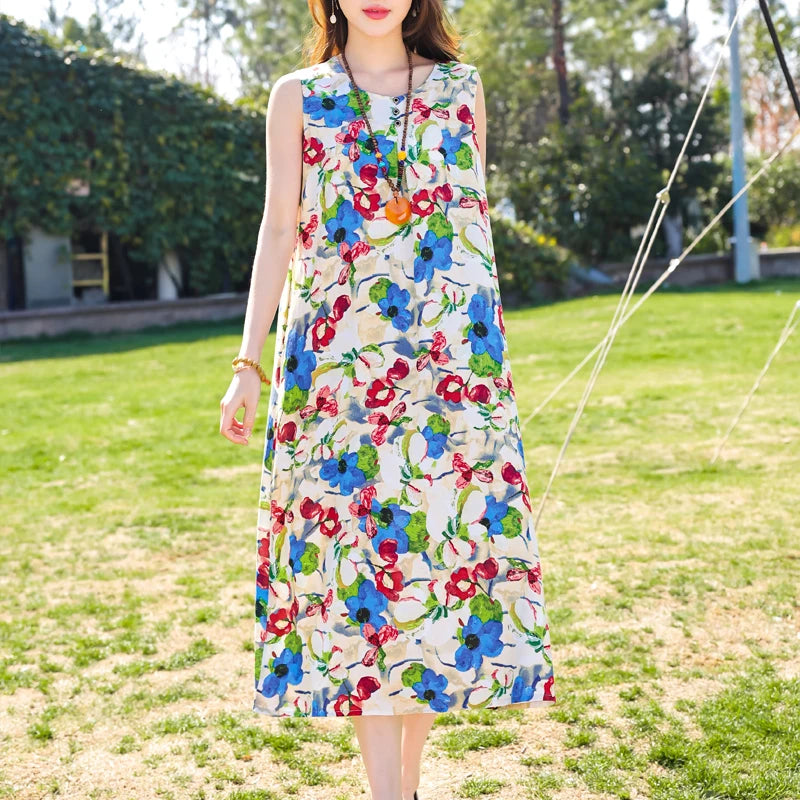 New Fashion Casual 2025 Summer Dress For Women Long Style Loose O-Neck Women Clothes Print Women Clothing Dresses