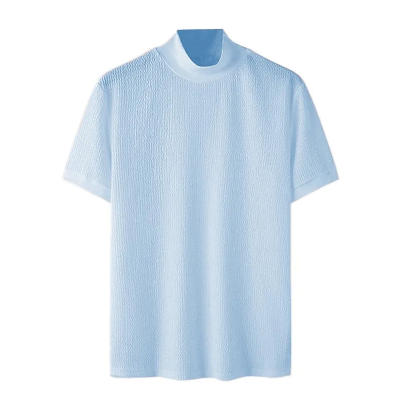 New Summer Fashion Tight T-shirt Casual Streetwear Textured High-neck Solid Color Short-sleeved Bottoming Tees Korean Style Tops