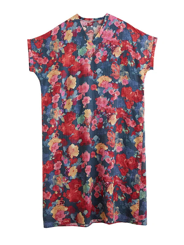 V-Neck Loose Cotton Linen Beach Skirt Summer Casual Long Dress Cover up Retro Style Holiday Fashion plus Size Women's Dress