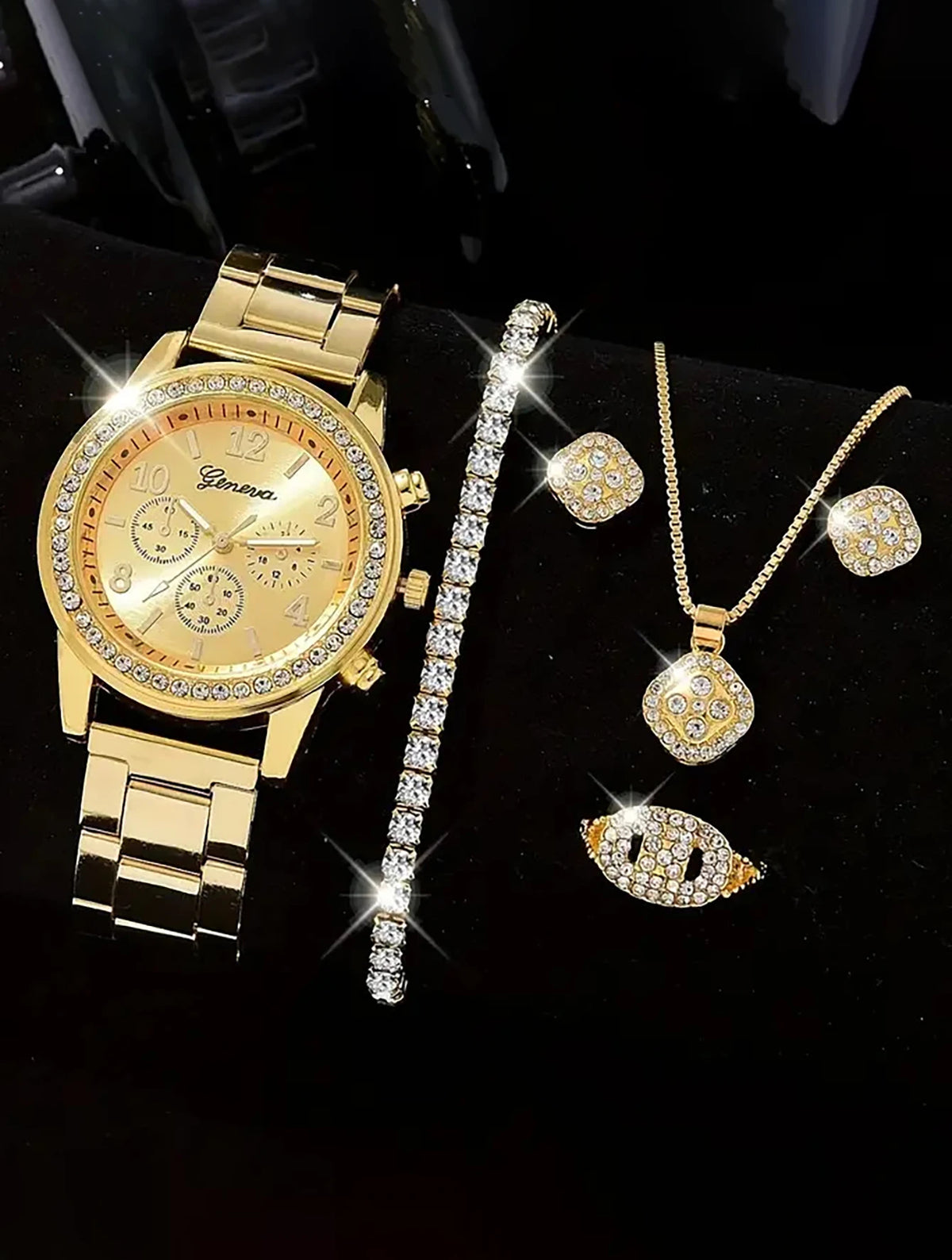 6PCS fashion diamond set rhinestone Ladies gold quartz Steel band Watch with bracelet Ring Necklace Earrings set