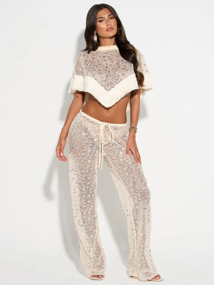 Women Sequin Mesh Tassel Fringe 2 Piece Outfit Short Sleeve Crop Top Drawstring Flare Pants Beach Cover Set Festival Outfit