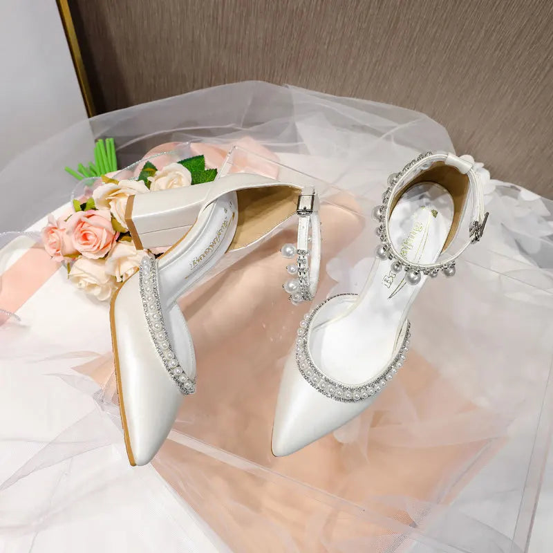 Pointed High Heels Thick Heel Sexy Pearl European and American Foreign Trade Large Size Women's Shoes