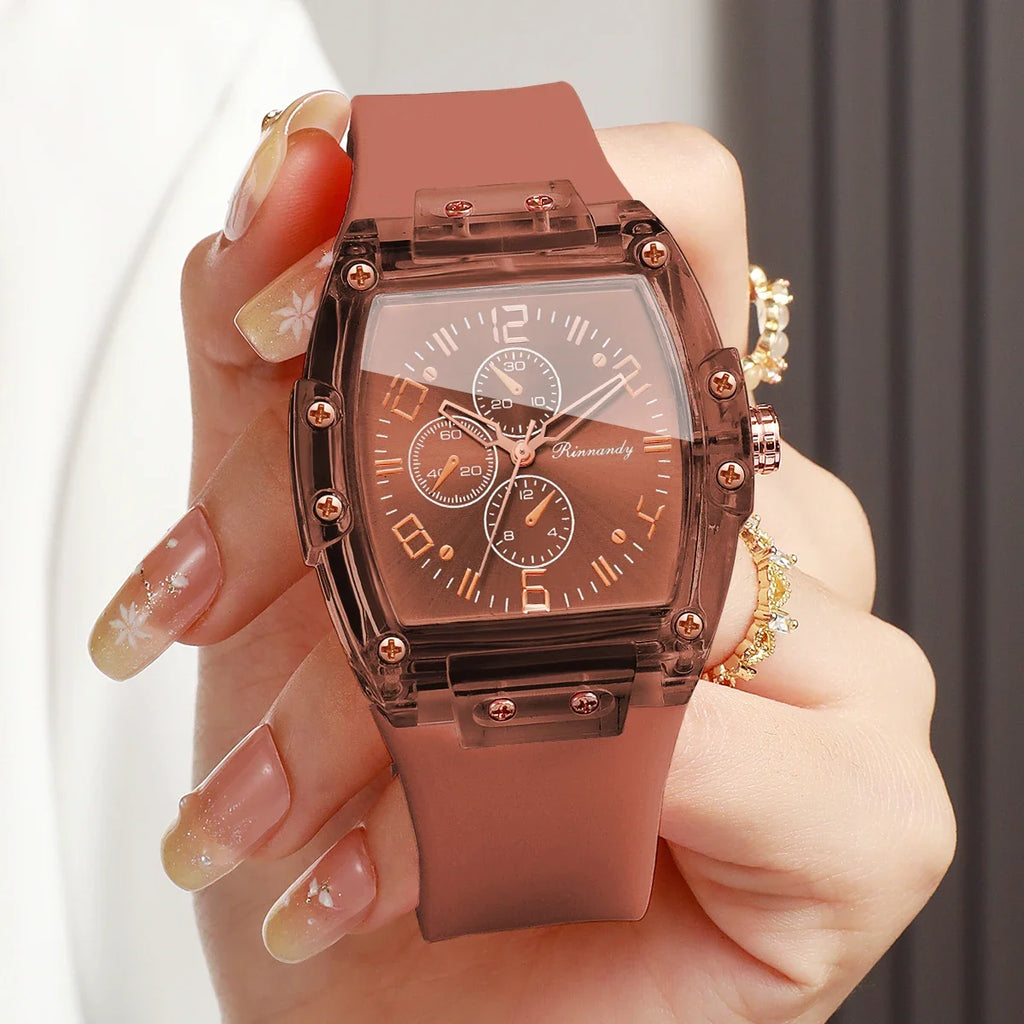 Stylish Women Quartz Watch Brown Silicone Strap Tonneau Dial Students Sports Wristwatches Relogio Feminino（Without Box）