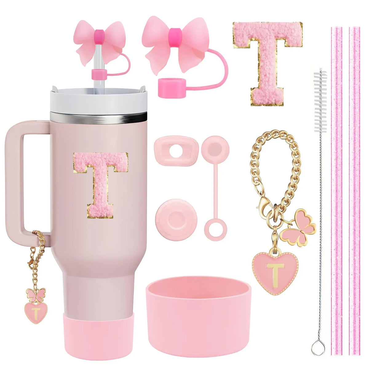10PCS Accessories Set for Stanley Cup, 2 Straw and Brush and 1 Flower Charm Chain 3 Spill Proof Stopper Flowers Straw Cover Boot