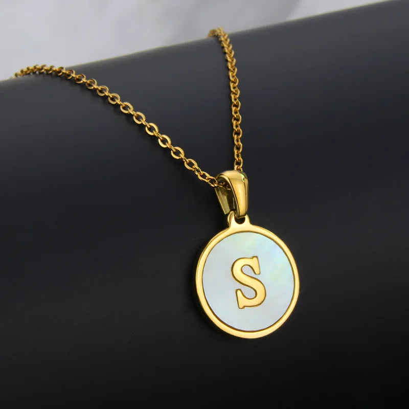 Initial Letter Necklaces for Women Trendy Stainless Steel Circle Couple Pendant Inlaid Shell Jewelry