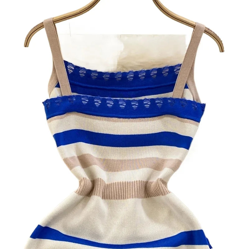 Women's Blue Striped Wide Strap Square Neck Sleeveless Stretchy Sundress Knit Bodycon Midi Dress Tassel ide Slit Summer Dress