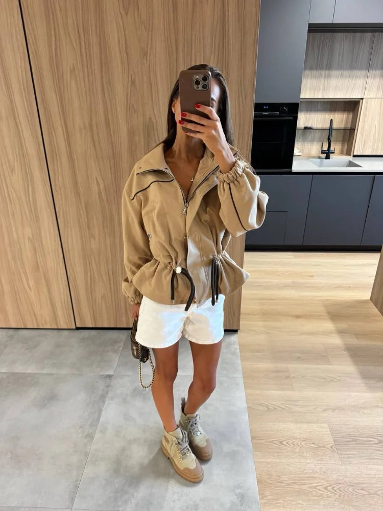 Fashion Drawstring Short Jacket Women Lapel Long Sleeve Single-breasted Slim Coat Spring Autumn Lady Daily Street Outerwear 2026
