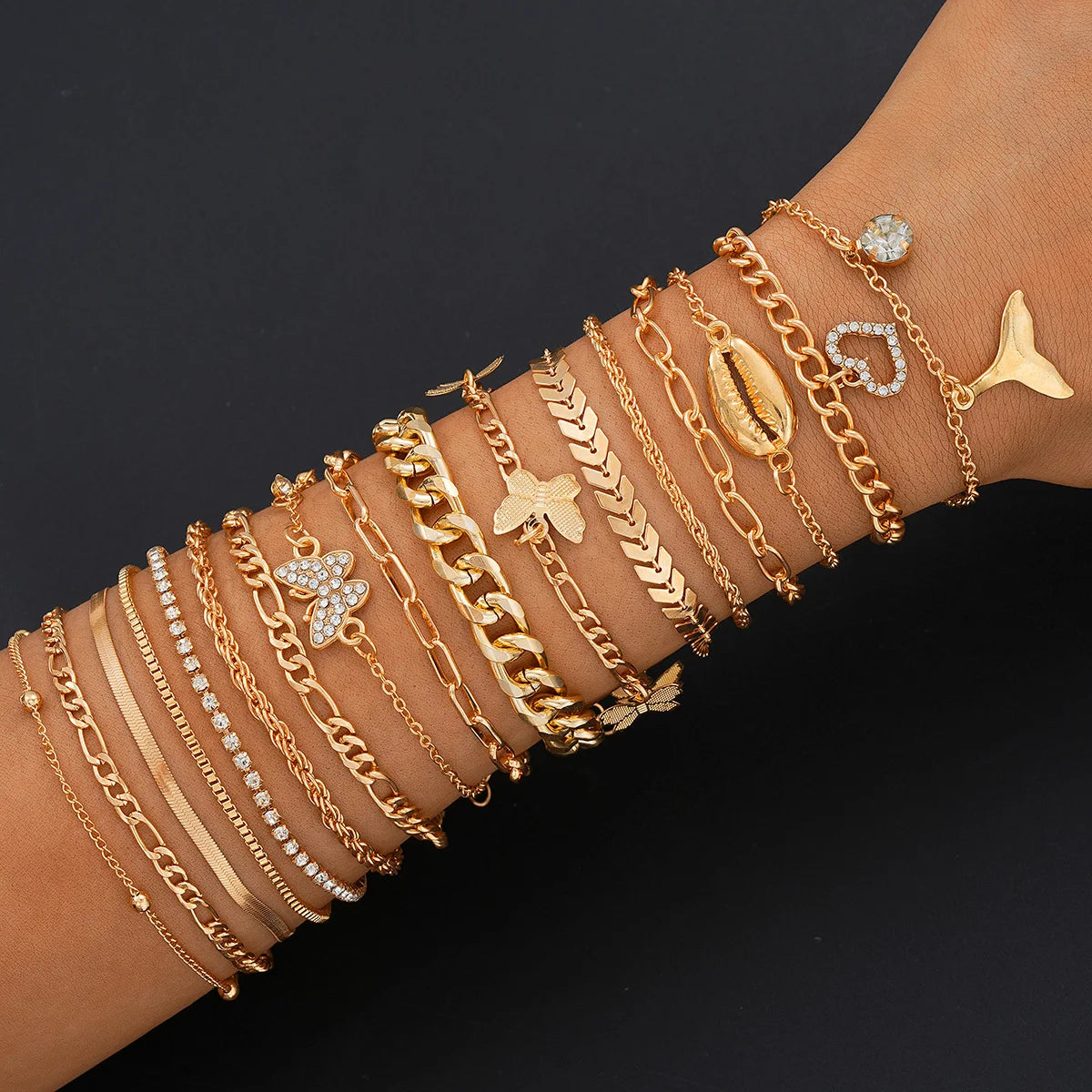 16pcs Minimalist Heart Pearl Rhinestone Snake Chain Bracelet Set for Women Elegant Gold Color Dates Vacations Daily Wear Jewelry