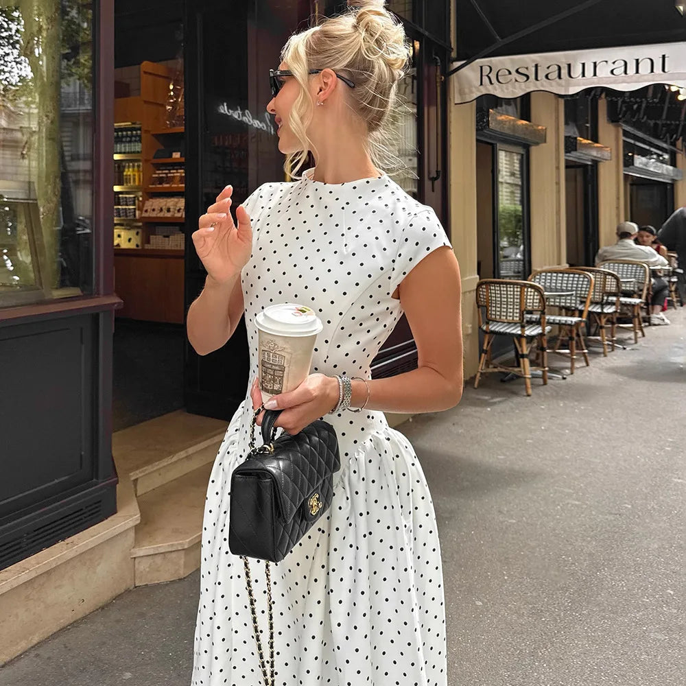 Elegant Polka Dot Long Dress Women's High Waist A-line Maxi Dresses Evening Party Summer Holiday Resort Blue Black Green White