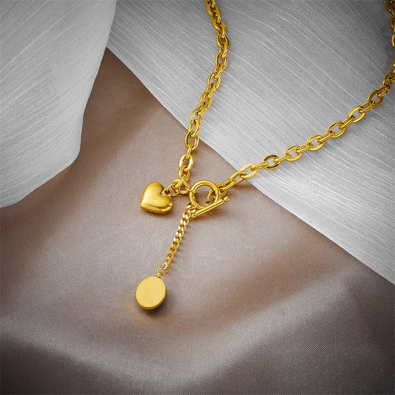 ZAKOL 316L Stainless Steel Heart Black Stone Pendant Necklace For Women Girls OT-Buckle Chain Versatile Jewelry Gifts