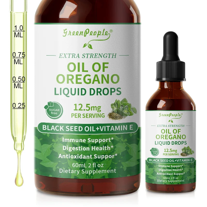 60ML Organic Oregano Oil Drops with Black Seed Oil & Vitamin E Immune, Respiratory,Digestive Support Vegan,Sugar-Free,Non-GMO