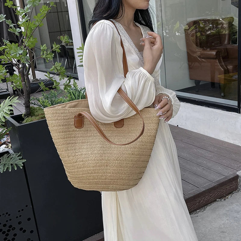 Women Braided Basket Clutches Top-handle Bag Large Straw Portable Shoulder Bag Summer Beach Party Purses Shopper Satchel Female