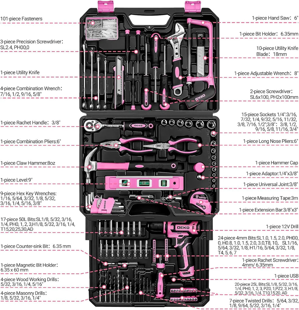 DEKO Home Mechanic Toolbox with 12V Power Cordless Drill Hand Repair Tools Sets Combo Kits Storage Organizer Drawer Case