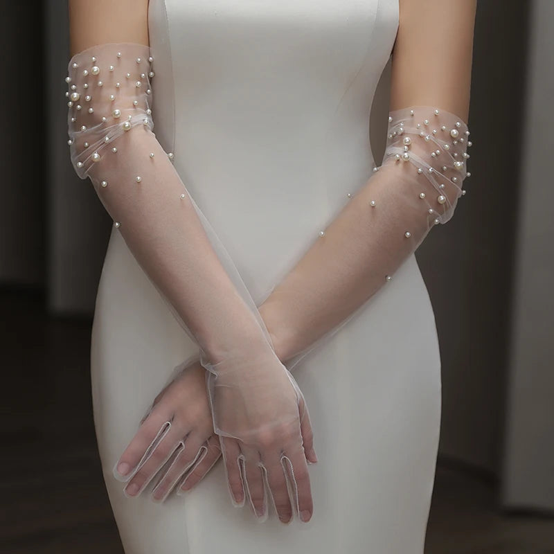 WG138 Bridal Gloves Heavy Handmade Beading Elegant Long Elegant Slim Wedding Dinner Party Tulle Gloves Wedding Accessories