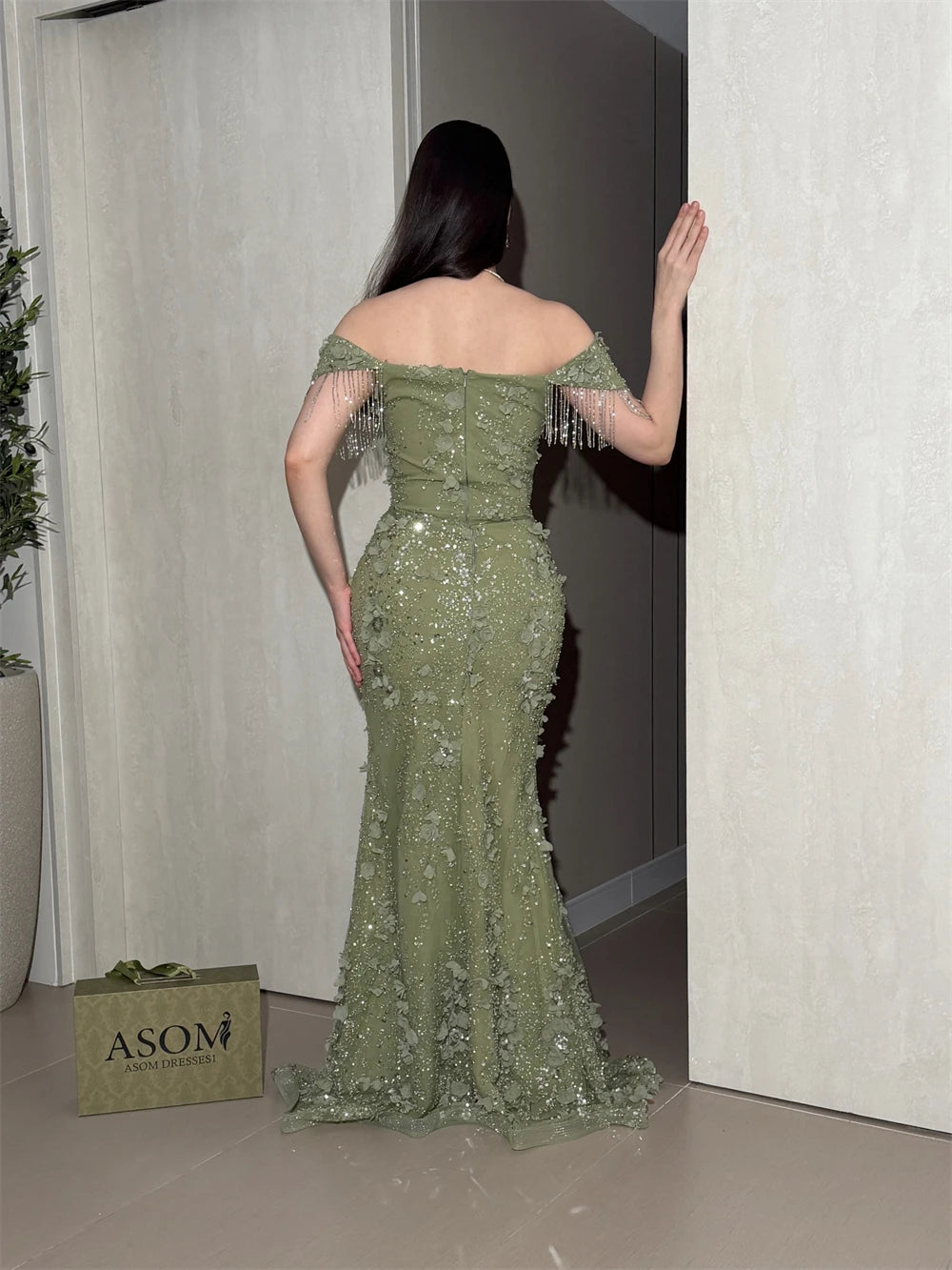 Contessa Custom Sage Green Off Shoulder Tassel Sleeve Mermaid Prom Dress 3D Floral Sequined Long Evening Dress Formal Party Gown