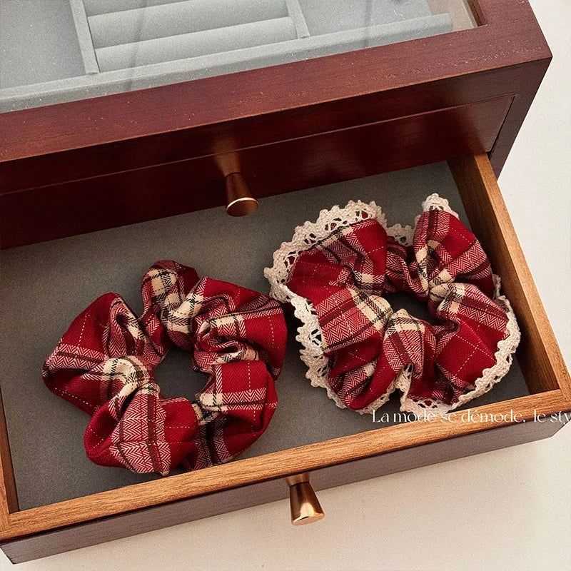 Red Lace Check Large Scrunchie Women's Superior New Year's Christmas Vibe Korean Scrunchie Headwear Hair Accessories for Girls