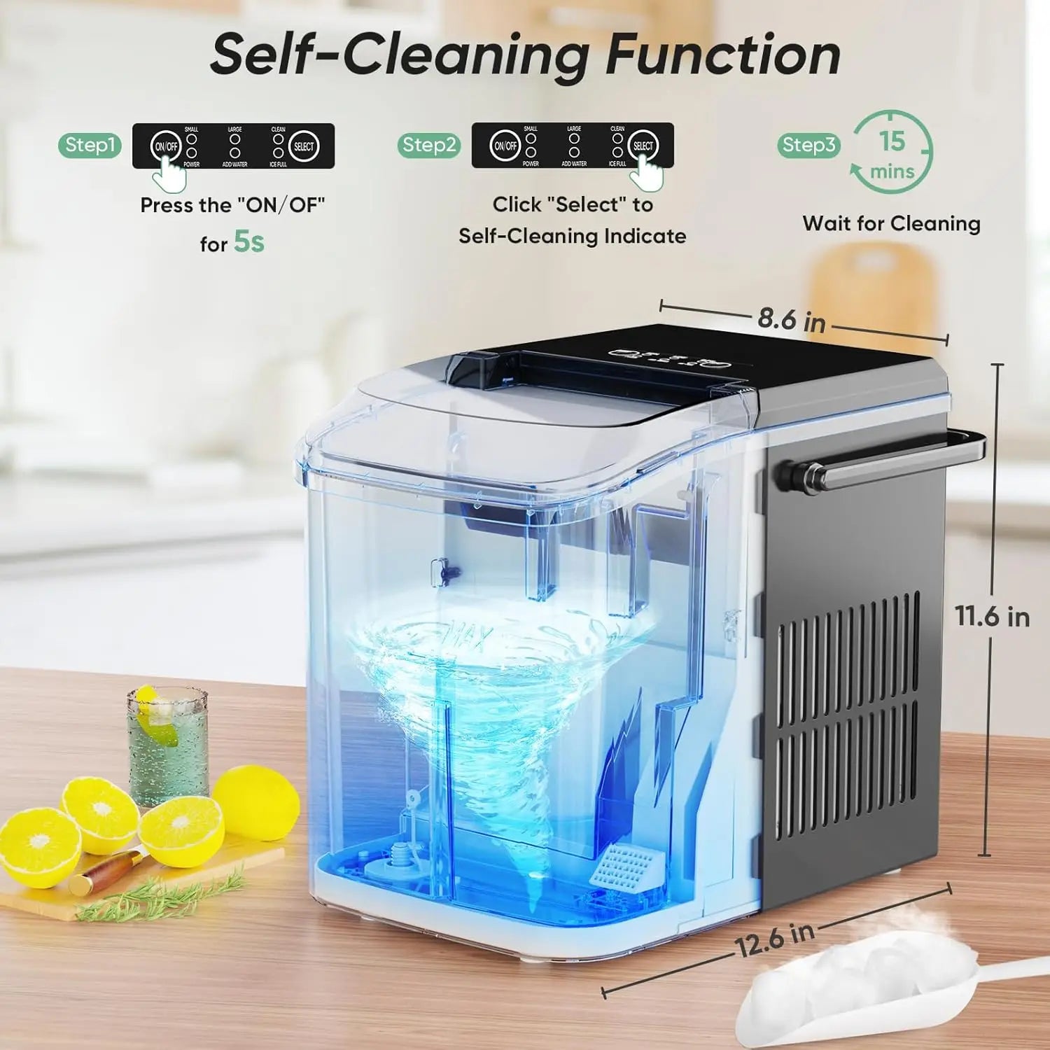 Portable Countertop Ice Maker, 26lbs/24H, 9 Cubes in 6 Mins, Self-Cleaning, Quiet for Home Kitchen RV Camping