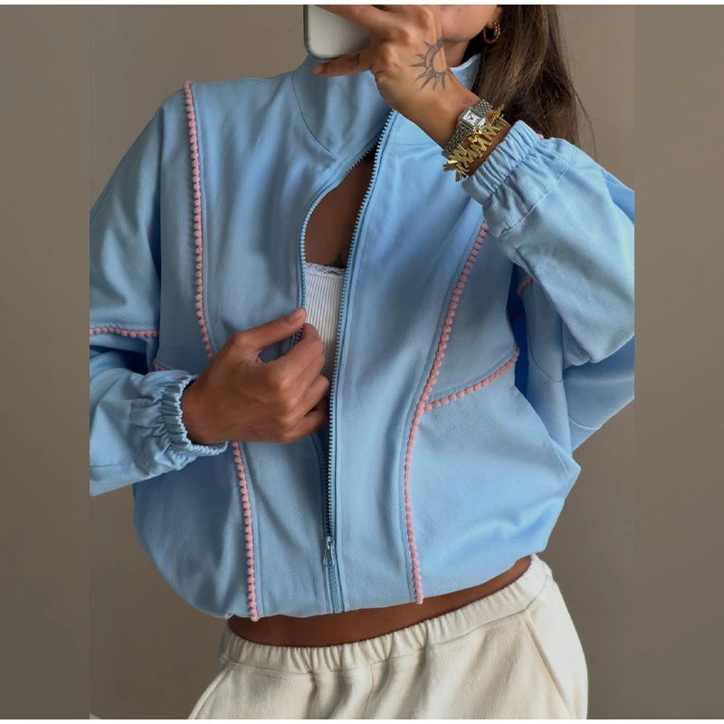Zip Up Jacket Contrast White Zipper Long Sleeve Loose Cropped Bomber Coat 2026 winter Autumn Casual Streetwear Women  Outerwear