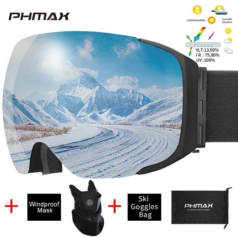 PHMAX Ski Goggles UV400 Anti-fog Eyewear Magnetic Lens Women Men Outdoor Sports Mountain Snowboard Big Snow Goggles With Mask