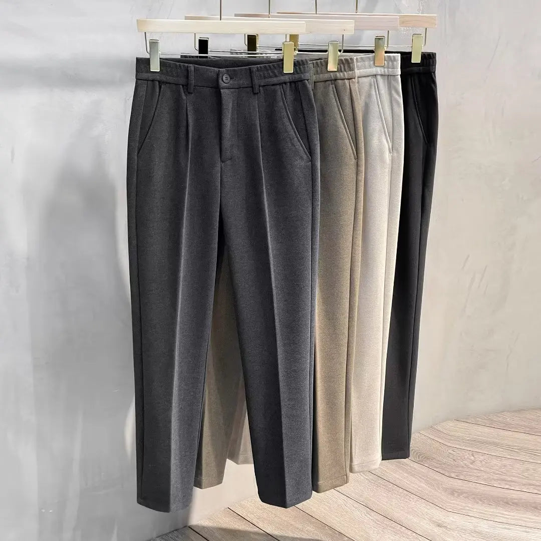 Autumn Winter Men's Woolen Suit Pants Formal Business Office Slim Straight Elastic Waist Korean Casual Tapered Brown Trousers
