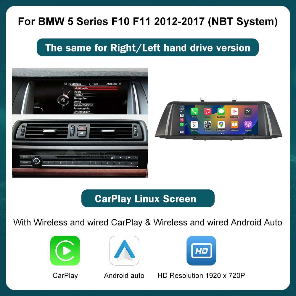 RoadTop Wireless CarPlay Touch Screen For BMW Series 5 F01 F10 F11 G30 2011-2023 CIC NBT EVO Multimedia Radio Linux System