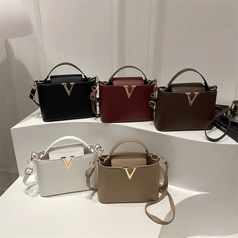 Luxury Women's Tote Bag, Chic V Shaped Stylish Pu Leather Bucket Bag, Top Cover Handbag Women Shoulder Crossbody Bags for Woman