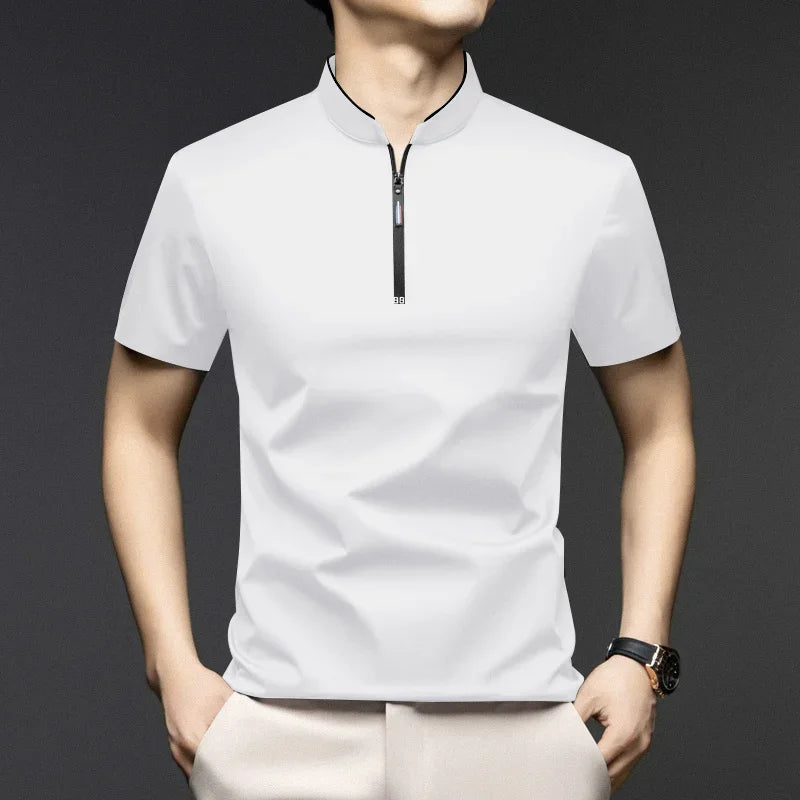 2025 New Men's Casual Fashion Zipper Solid Color Short Sleeved Polo Shirt Stand Up Collar Versatile Comfortable Top
