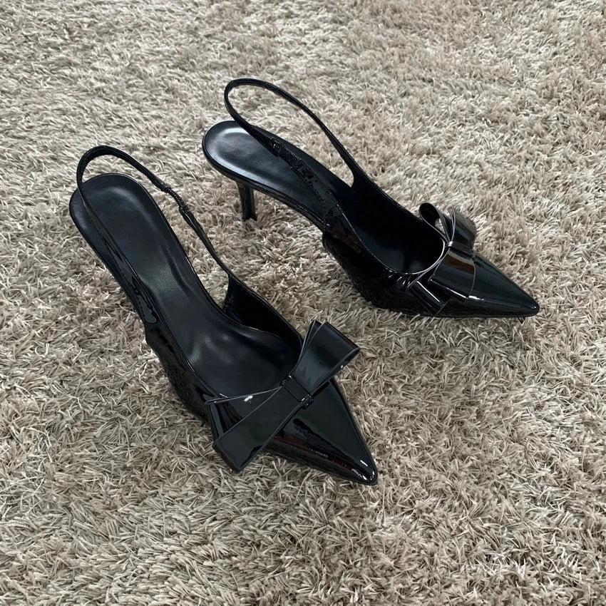 Women Black Bow High Heels Slingback Pointed toe Heeled for Woman Pumps Wedding Butterfly High heels Ladies Office Modern Heels