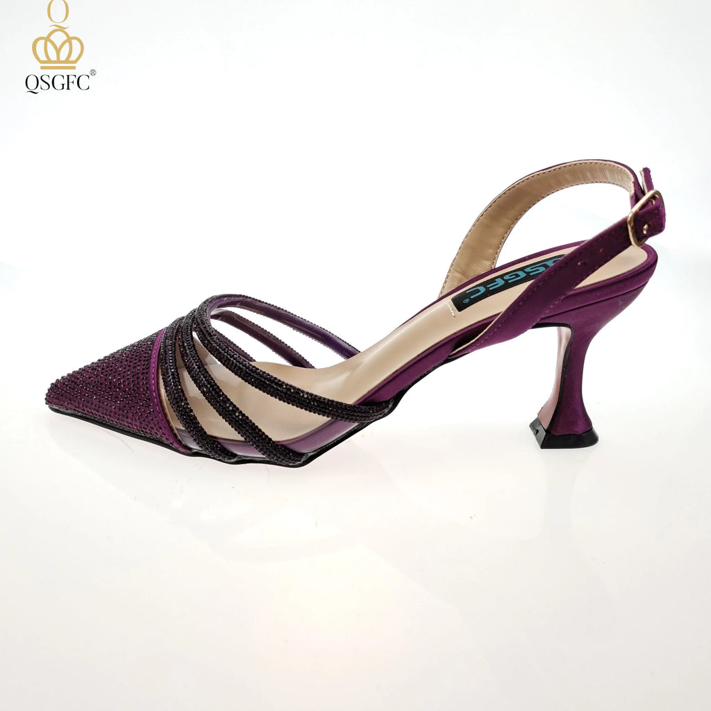 QSGFC Italian Design Nigeria New Trendy Full Diamond Embellished High Heels Peach Color Women's Bag and Shoes For Party Wedding