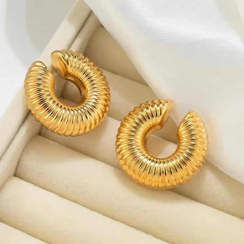 Punk Vintage Chunky Geometric Round Ear Cuff Stainless Steel Metal Texture Thick C Shape Non Piercing Ear Clip