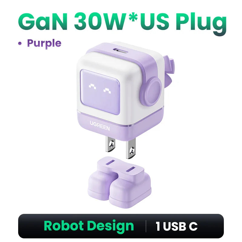 【US Plug】UGREEN 65W 30W GaN Charger Robot Design PD3.0 Fast Charger QC4.0 3.0 PPS for iPhone 18 17 16 Pro Macbook Laptop Table