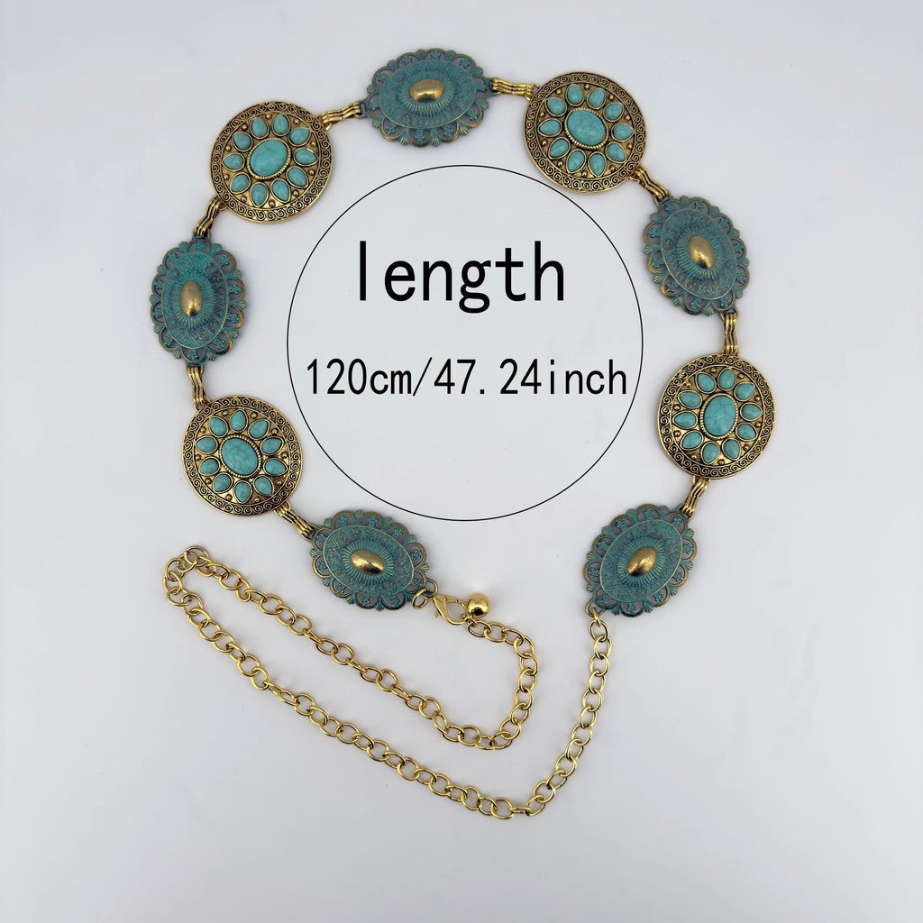 Cross-border Jewelry Turquoise Waist Chain for Women; Fashionable Bohemian Style Zinc Alloy Retro Belt; Versatile and Stylish