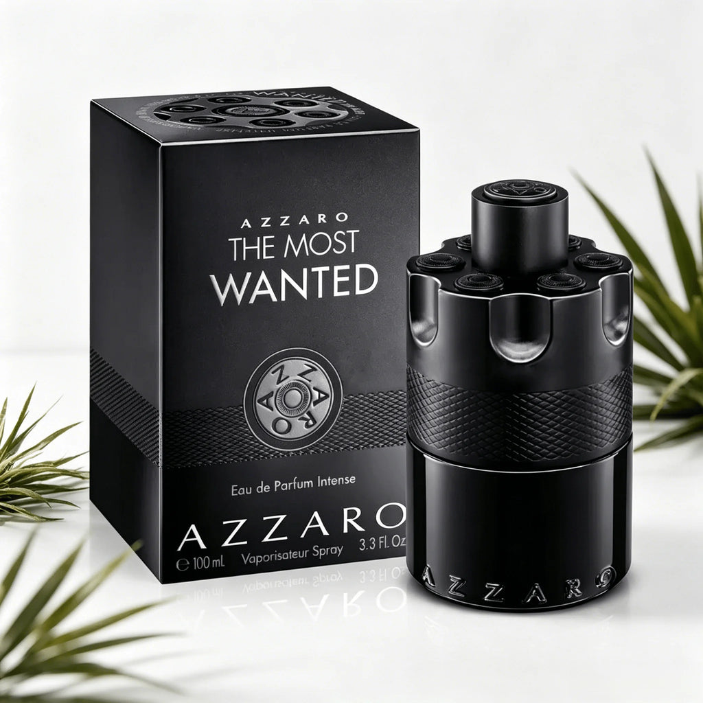 Azzaro The Most Wanted EDP Intense 100ML Perfume For Men Deep Intense Spicy Tobacco Vanilla Woody Aroma Long Lasting Matte Black Bullet Embossed Cylindrical Bottle Complete Black Woven Pattern Box Dating Night Party Present