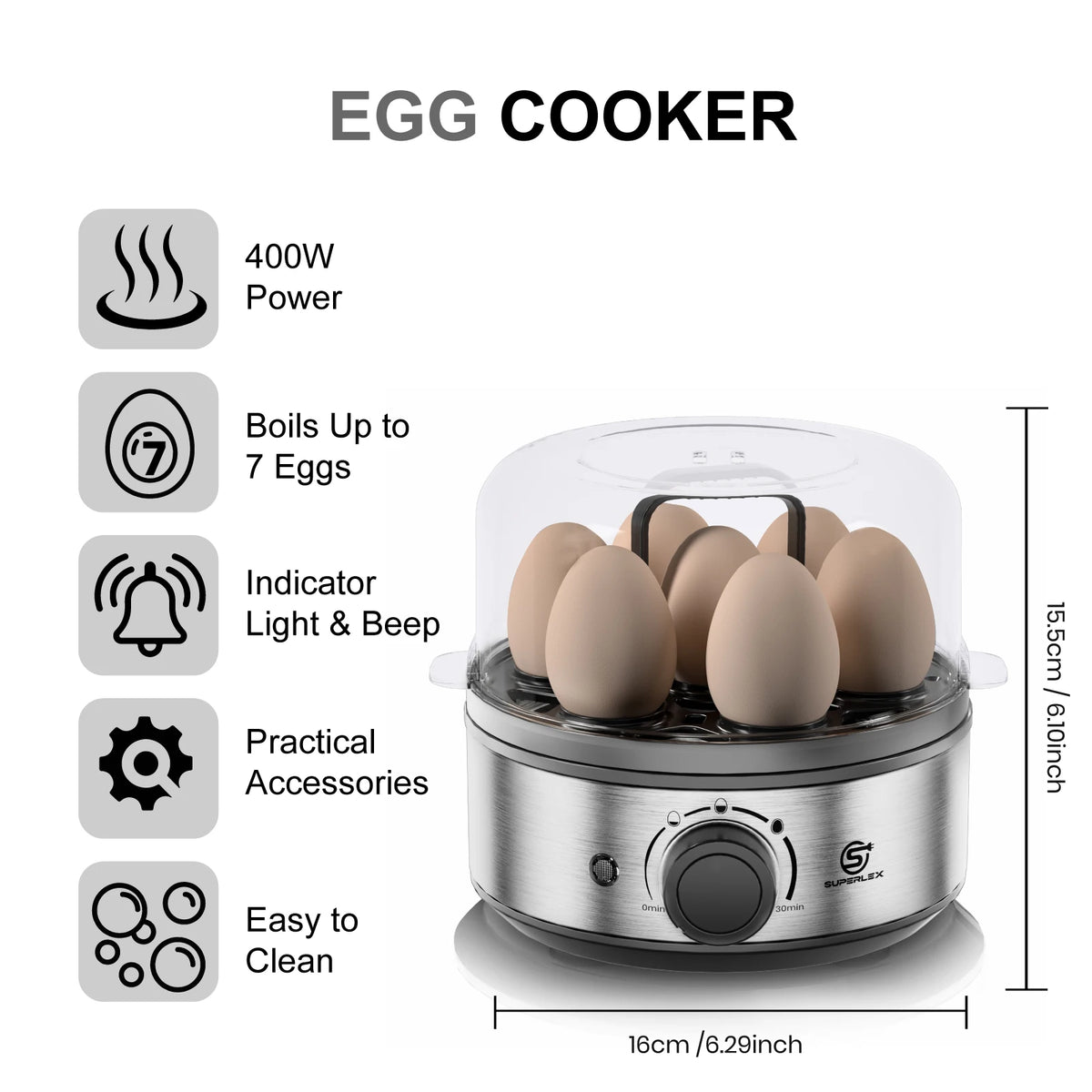 SUPERLEX Electric Egg Cooker 400W Stainless Steel Egg Boiler, Holds Up To 7 Eggs, Adjustable Timer Transparent Lid, Cool Touch Handle, Auto Warning Beep Egg Steamer for Soft Medium Hard Boiled Eggs Breakfast