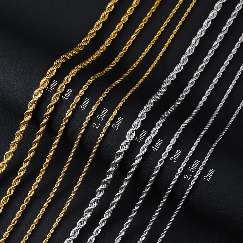 HNSP Men Rope Chain Necklace 316L Stainless Steel Twisted Rope Link Chain For Jewelry Gift For Him Gold Silver Color