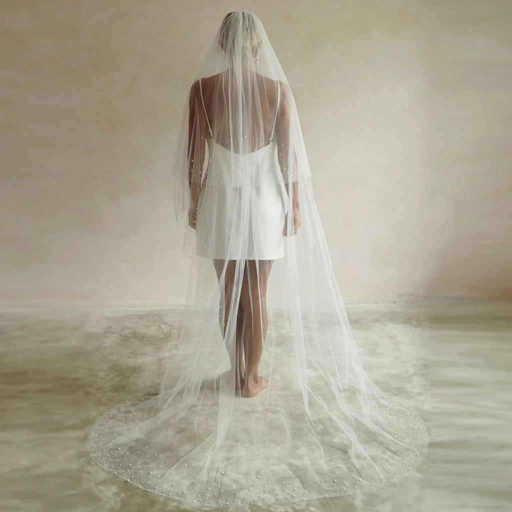 2 Tiers Wedding Veil Long Pearls Beaded Bridal Veils with Blusher Cover Face Cathedral Soft Tulle Wedding Accesories V171