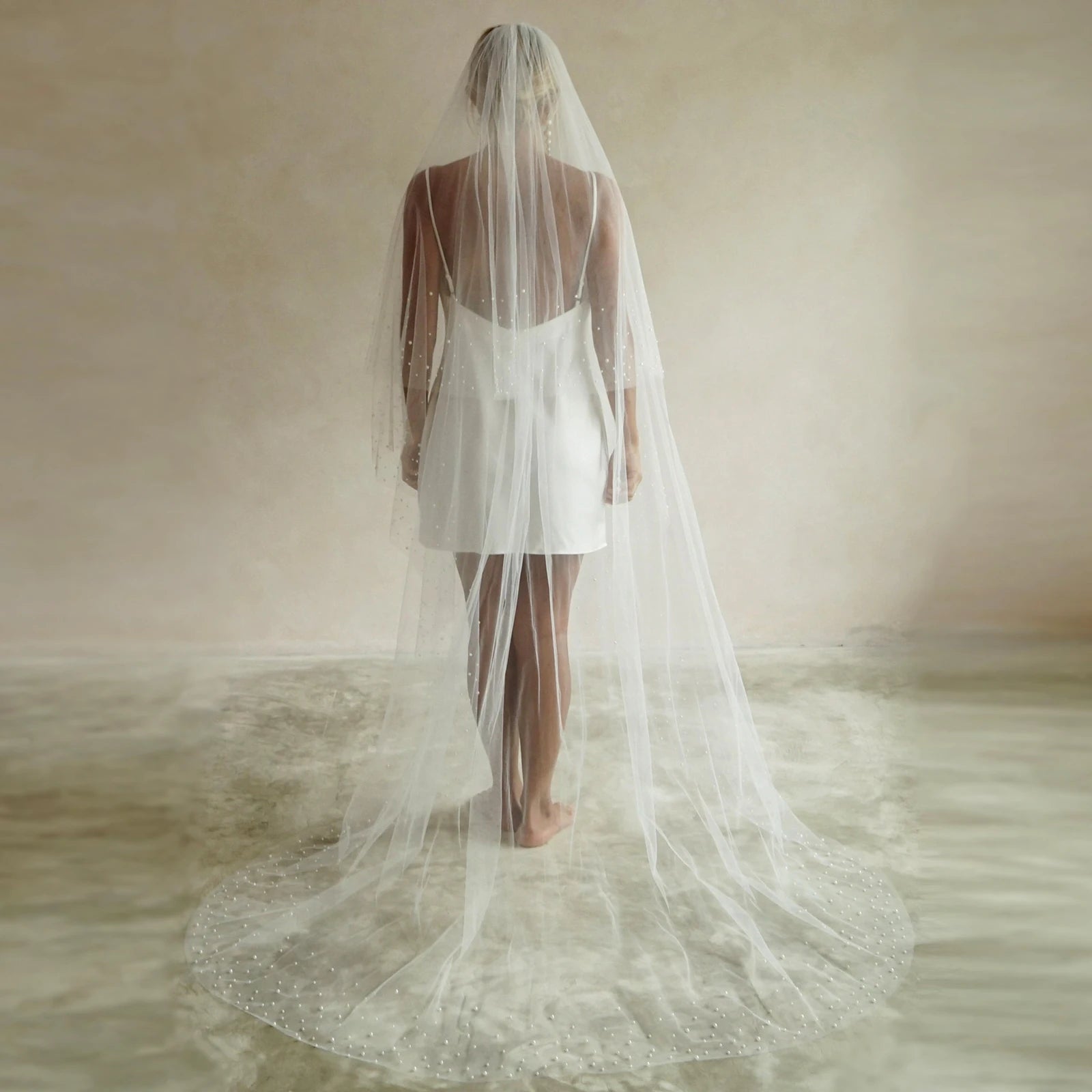2 Tiers Wedding Veil Long Pearls Beaded Bridal Veils with Blusher Cover Face Cathedral Soft Tulle Wedding Accesories V171