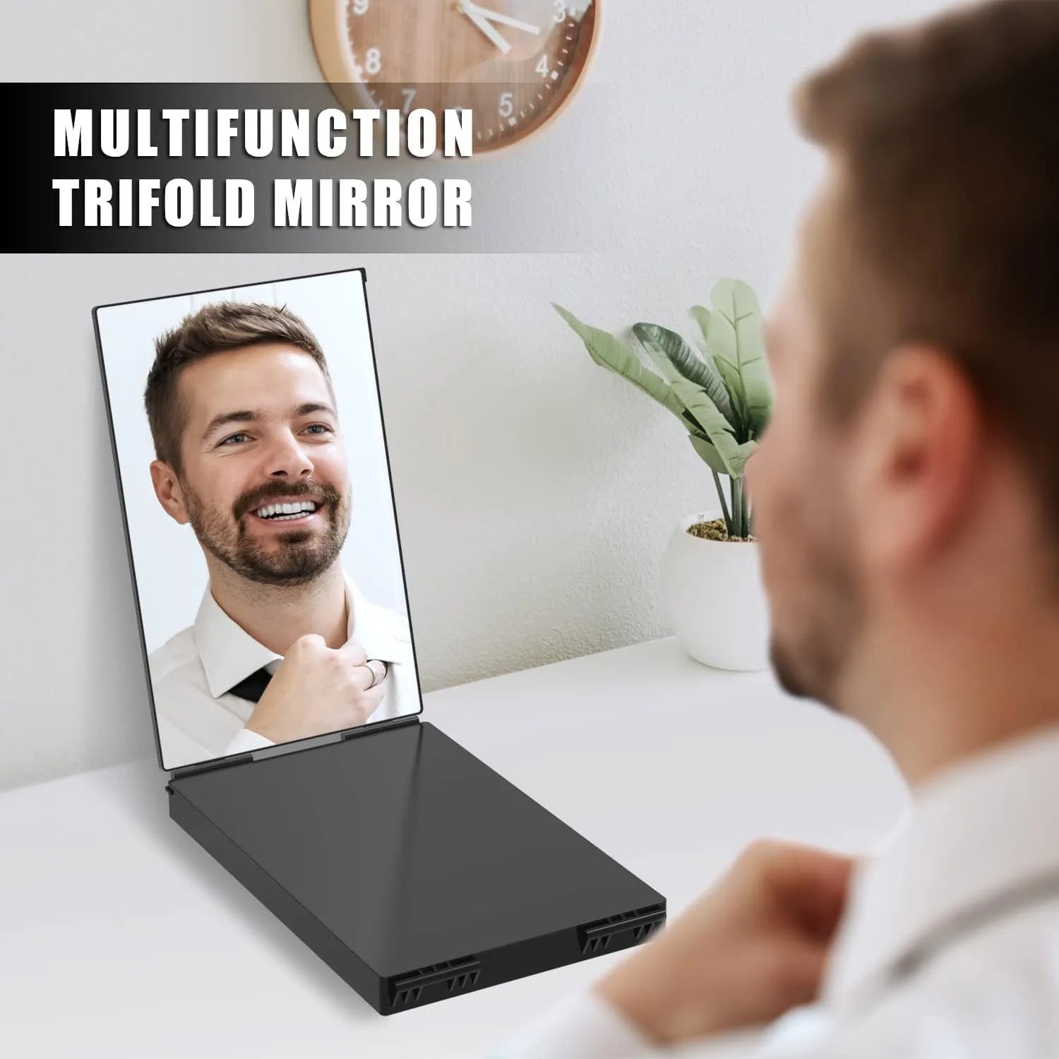 3 Way Compact Mirror for Self Hair Cutting Portable Trifold Cosmetic Mirror Makeup Vanity Mirror for Men and Women Folding Black