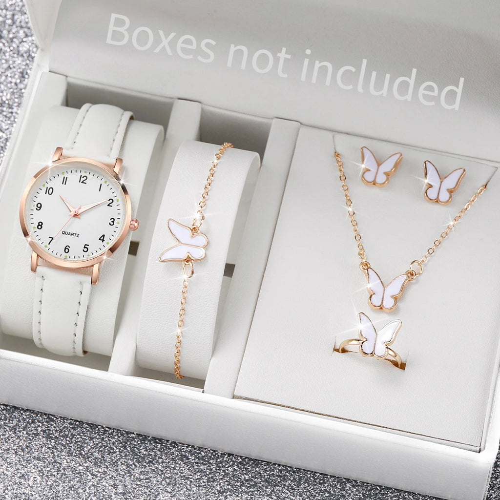 6PCS Women's Watch Fashion Arabic Dial Leather Band Quartz Watches Butterfly Jewelry Set（Without Box）